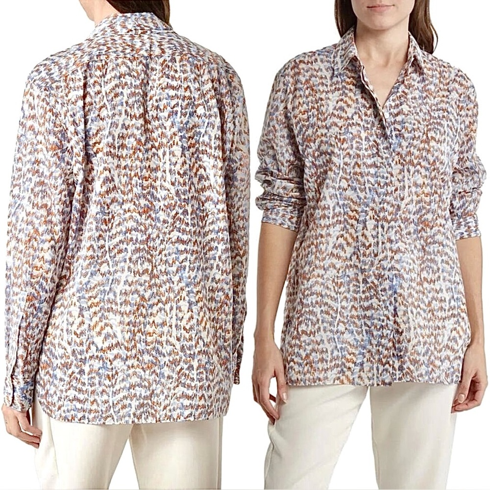 Theory Classic Menswear Shirt Blouse Desert Lawn Print White Blue Rust Brown P S